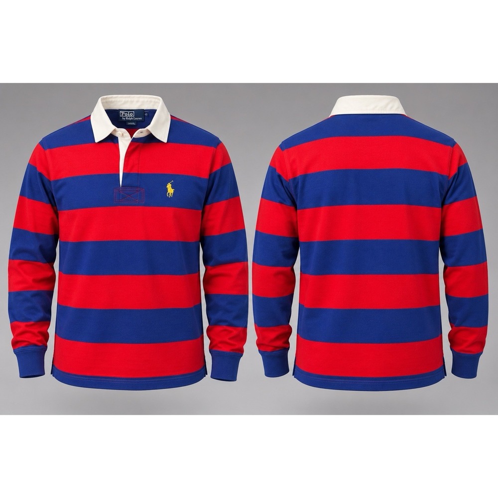 Polo Ralph Lauren Rugby Shirt Mens xL Red Blue Stripe Rubber Buttons Y2K Preppy
